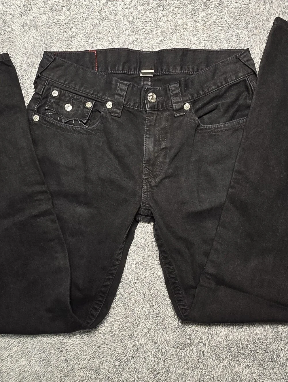 True Religion Black Geno Slim Straight Jeans Flap Pocket Horseshoe 33